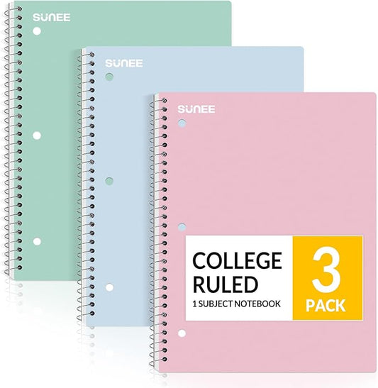 Spiral Notebooks, 3 Pack, 1-Subject, College Ruled Paper, 8" x 10-1/2", 70 Sheets per Notebook