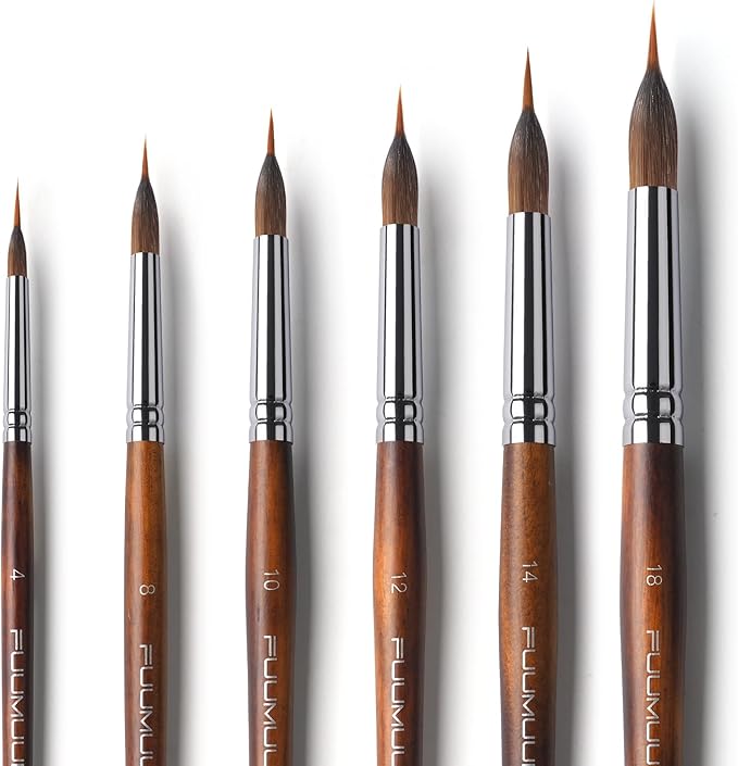 Watercolor Brushes Professional, Fuumuui 6Pcs Extended Needle Point Brushes Synthetic Extra Long Pinhead Brushes with Sable Body for Fine Detailing