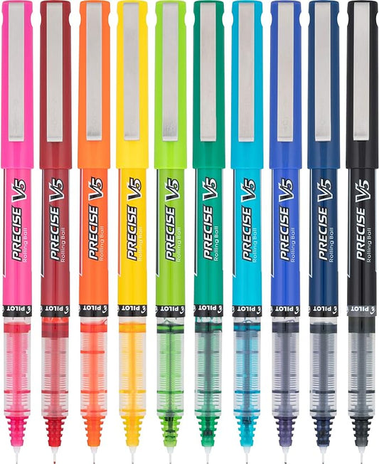 Pilot, Precise V5, Capped Liquid Ink Rolling Ball Pens, Extra Fine Point 0.5 mm, Assorted Colors, Pack of 10