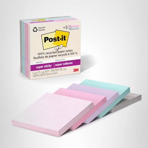 Post-it 100% Recycled Paper Super Sticky Notes, 3 in. x 3 in., 5 Pads, 70 Sheets per Pad, Wanderlust Pastels, School Supplies and Office Products