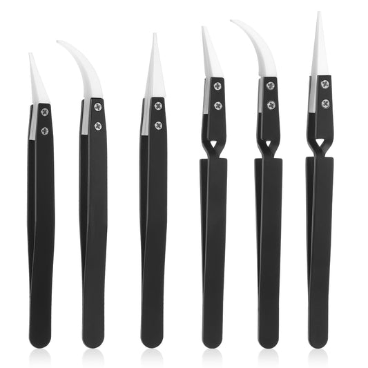 6 Pcs Precision Reverse Ceramic Tweezers Black Non-Conductive Solder Tweezer Anti-Magnetic Pointed & Curved Tips Heat-resistant Tweezer Set for Solder Pinching Coils