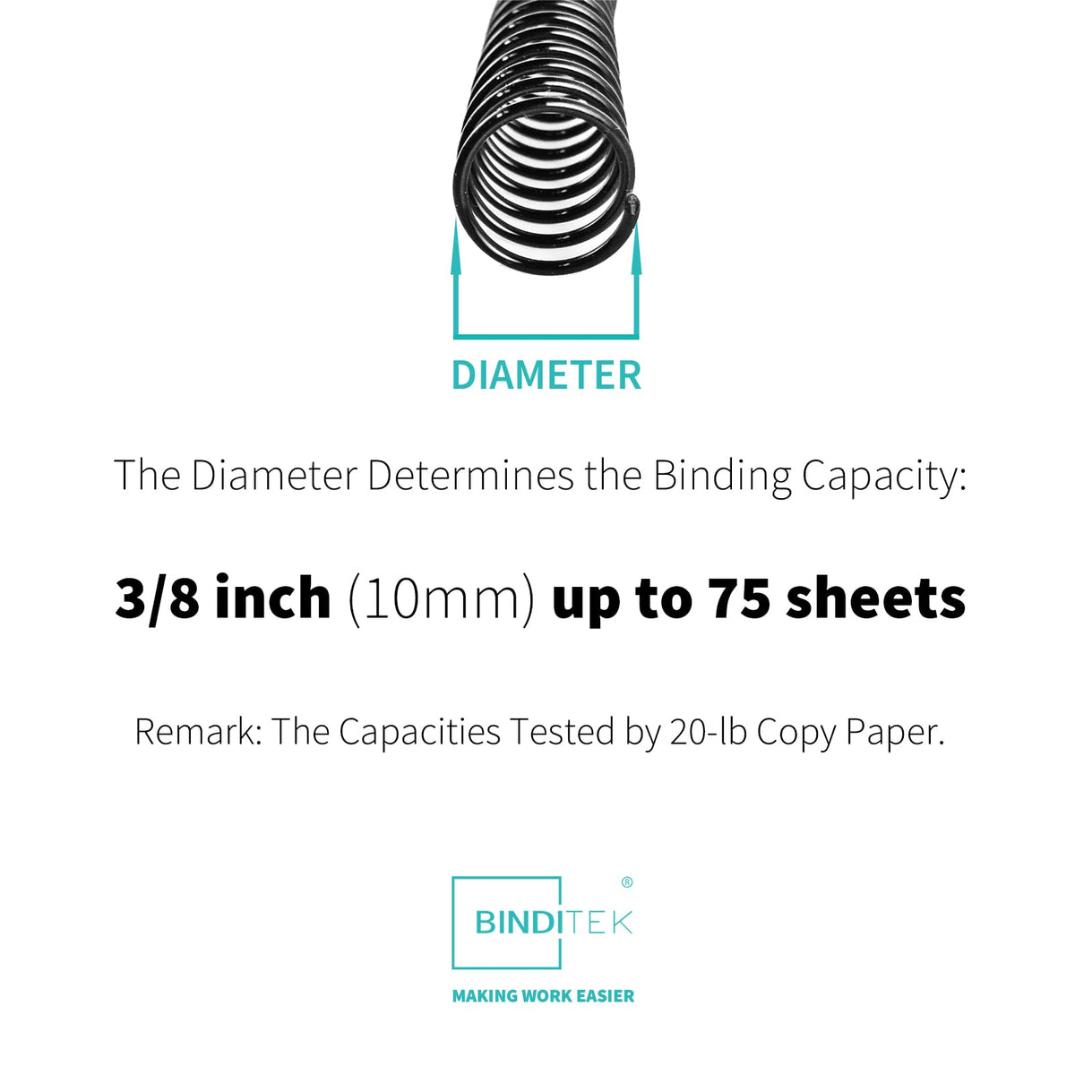 Binditek 50 Pack Plastic Spiral Binding Coils, 10mm(3/8"), 75 Sheet Capacity, 4:1 Pitch,