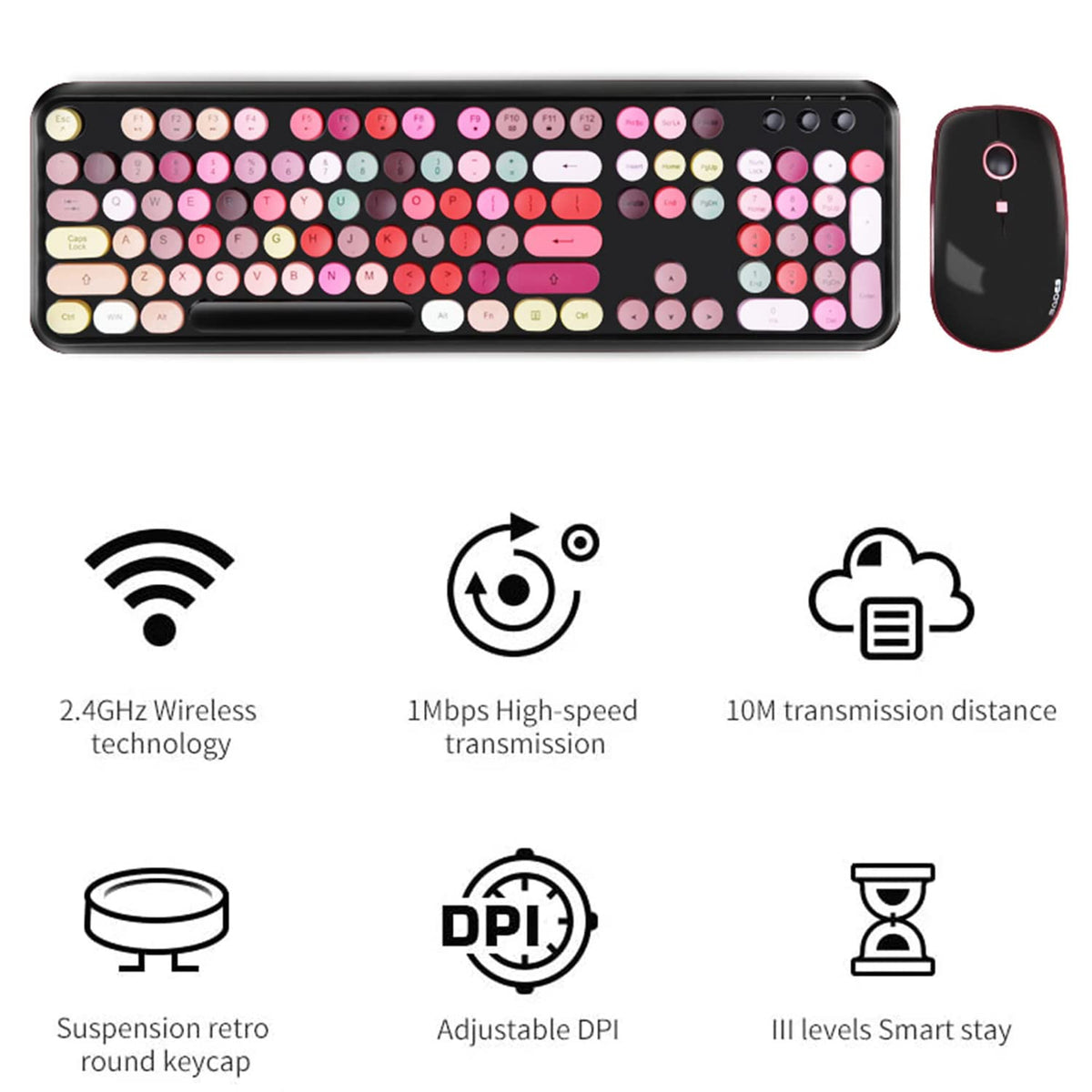 Keyboard and Mouse Sets, Wireless, Reliable 2.4 GHz Connectivity  (Black Colorful)