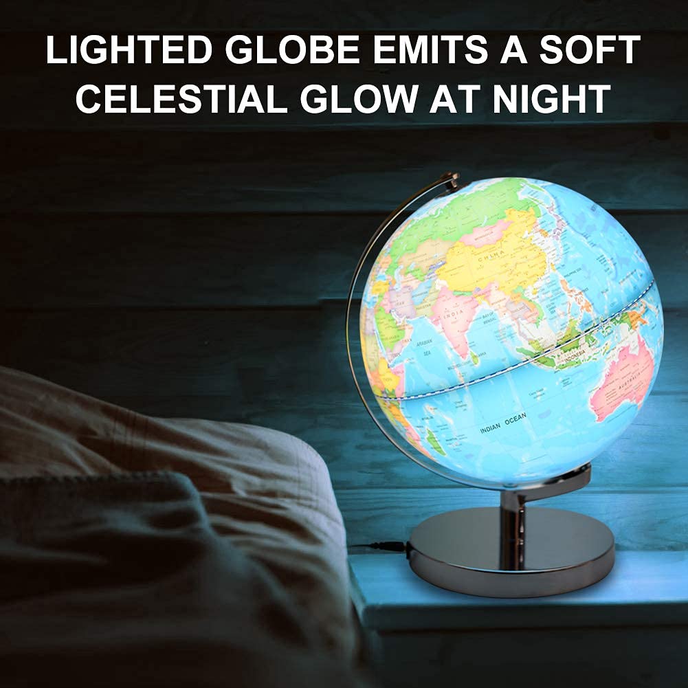 POOCCI 8-Inch Illuminated World Globe for Kids and Adults, Writable Political Map with LED Night Light, Magnifying Glass and Marker, Educational Globe for Home and Classroom