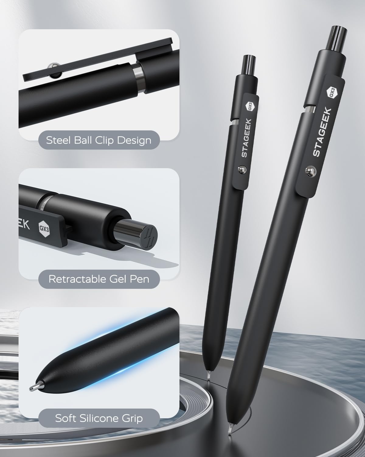 Black Gel Pens GX3, 12Pcs Fine Point Smooth Writing Pens with 3 Extra Refills (Black)