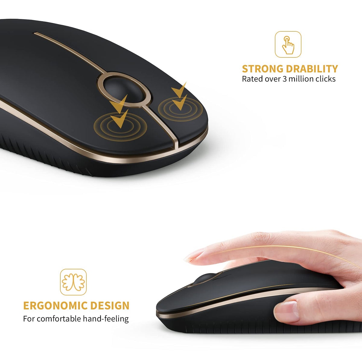 VssoPlor Wireless Mouse, 2.4G Slim Computer Laptop Mouse, Black and Gold