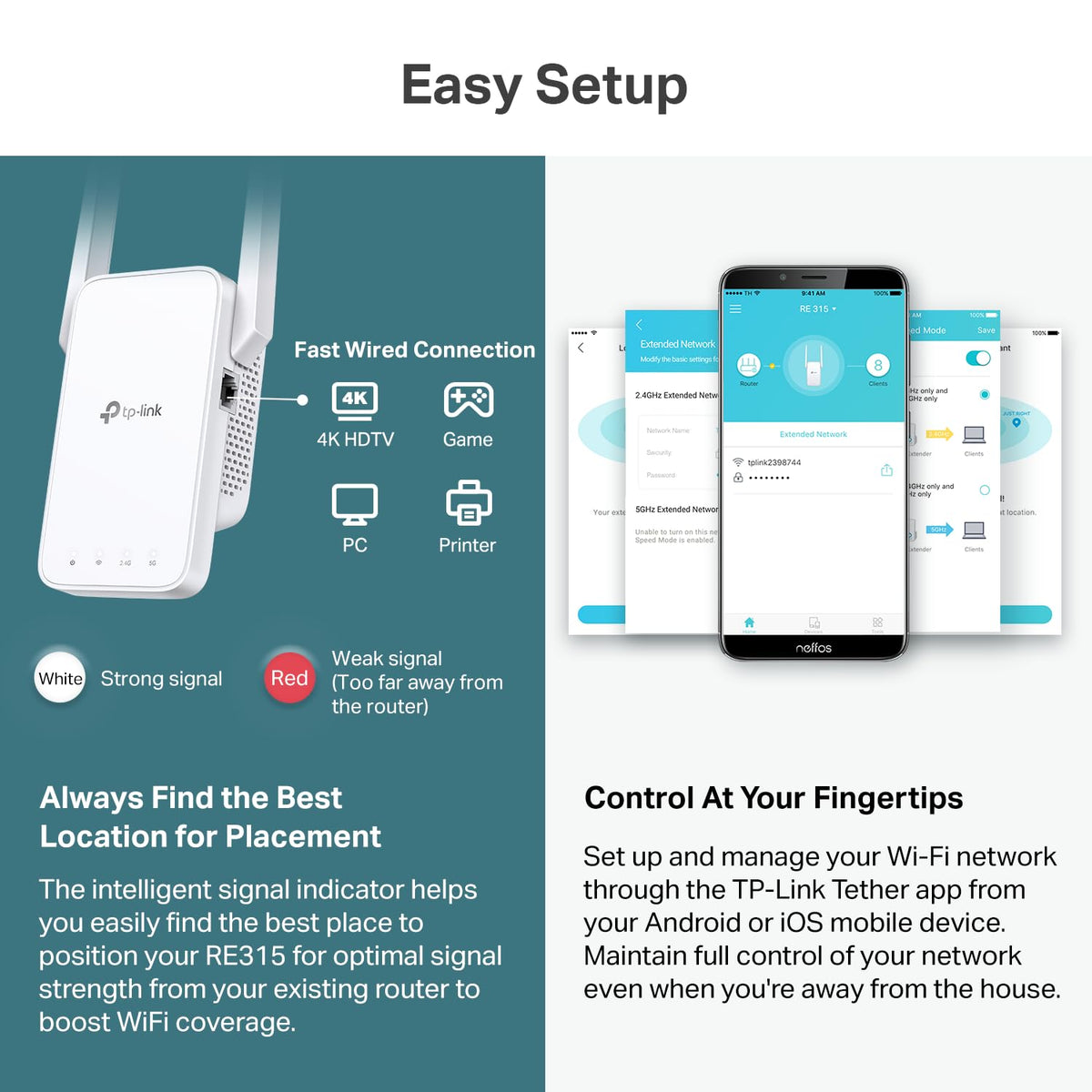 TP-Link AC1200 WiFi Extender - 1.2Gbps Home Signal Booster, Dual Band 5GHz/2.4GHz, Up to 1600 Sq.ft and 32 Devices, EasyMesh Compatible, One Ethernet Port (RE315)