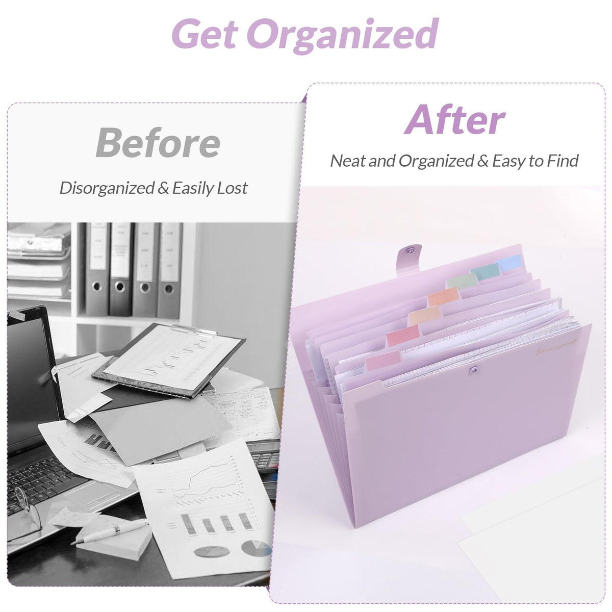 SKYDUE Expanding File Folder, Accordion File Organizer with 8 Pocket, Expandable Document Paper Receipt Holder for School Office Hospital, Letter/A4 Size- Purple