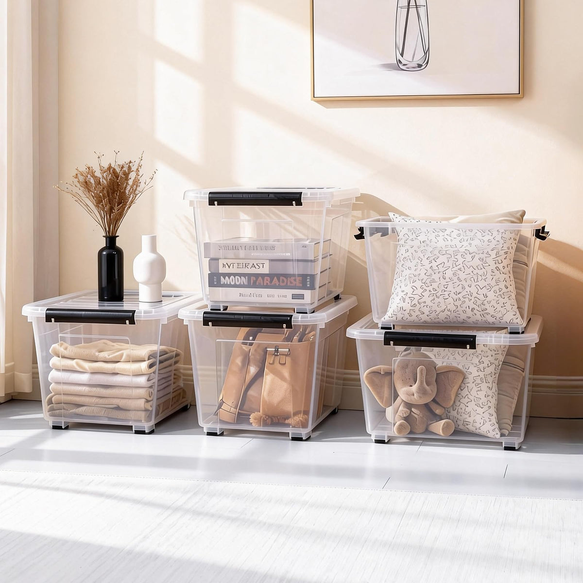 54 QT Clear Plastic Storage Bins with Lids Stackable and Nestable Storage Boxes with Lids, 6 Packs