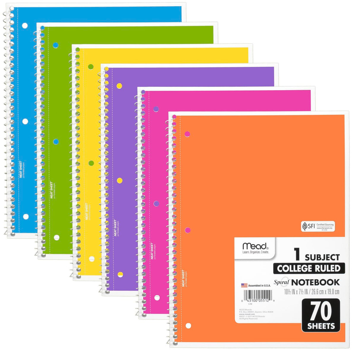 Mead Spiral Notebook, 6 Pack, 1 Subject, College Ruled Paper