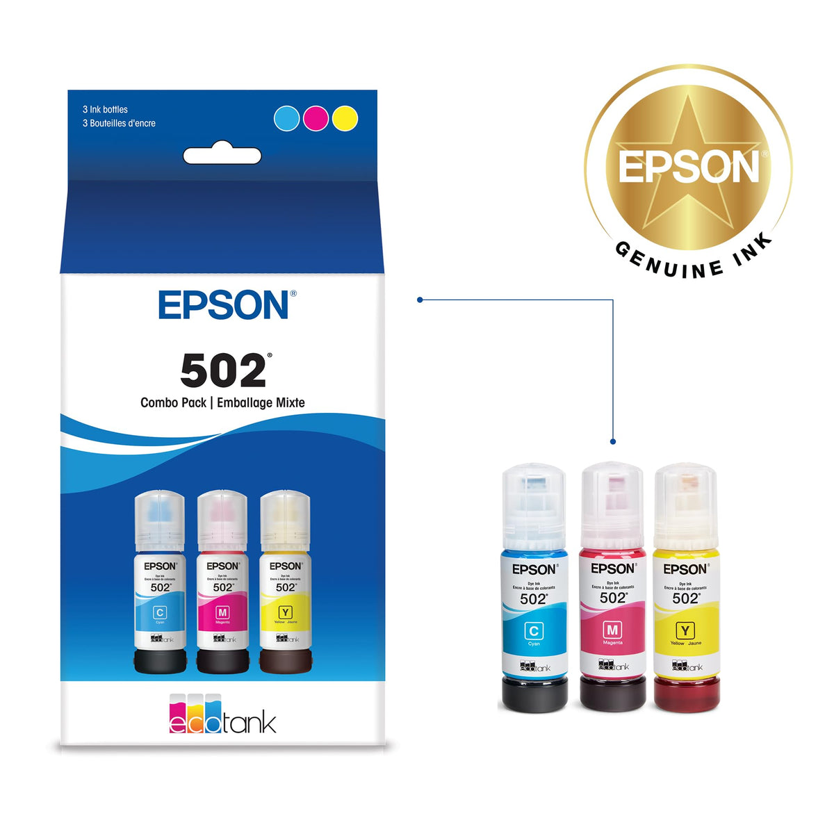EPSON 502 EcoTank Ink Ultra-high Capacity Bottle Color Combo Pack Works with ET-2850, ET-2980, ET-2988, ET-3850, ET-3930, ET-3950, ET-4850, ET-4950 and other select EcoTank models
