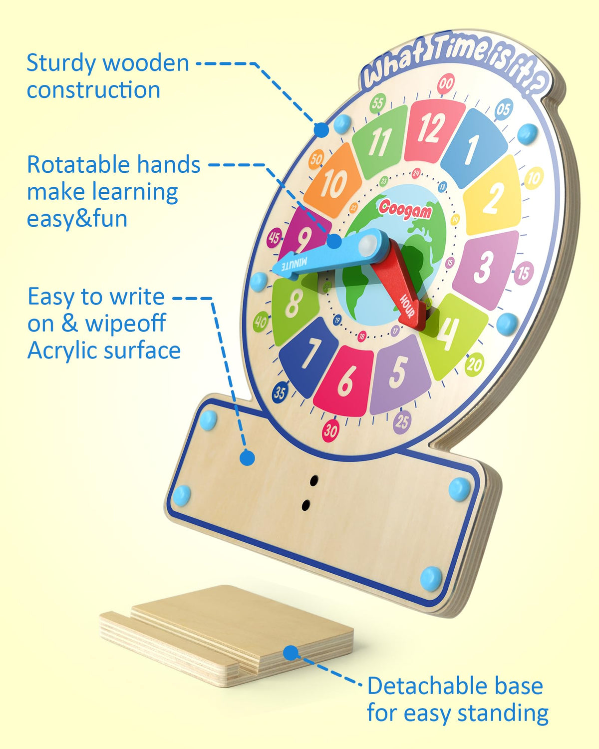 Coogam Wooden Clock Teaching Time, Analog Digital Clock
