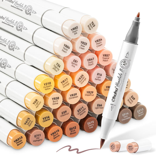 Ohuhu Skin Tone Alcohol Markers Brush Tip - 36 Portrait Skin Color Markers - Fine and Brush Dual Tips - Honolulu B