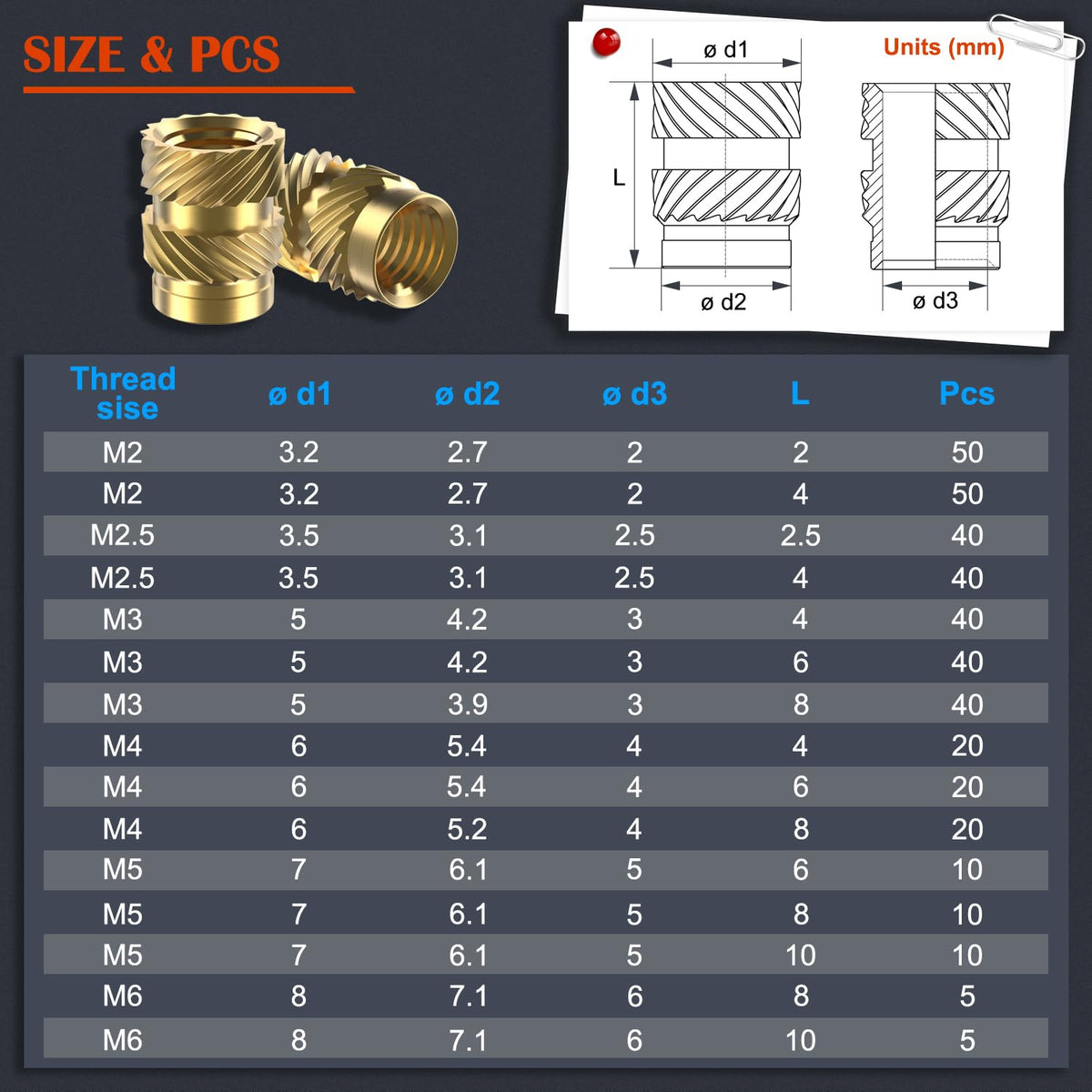 Ktehloy 400Pcs Metric Heat Set Insert, M2 M2.5 M3 M4 M5 M6 Female Thread Knurled Nuts Assortment Kit, Brass Threaded Inserts for Plastic and 3D Printing Components (Threaded Inserts Ket)