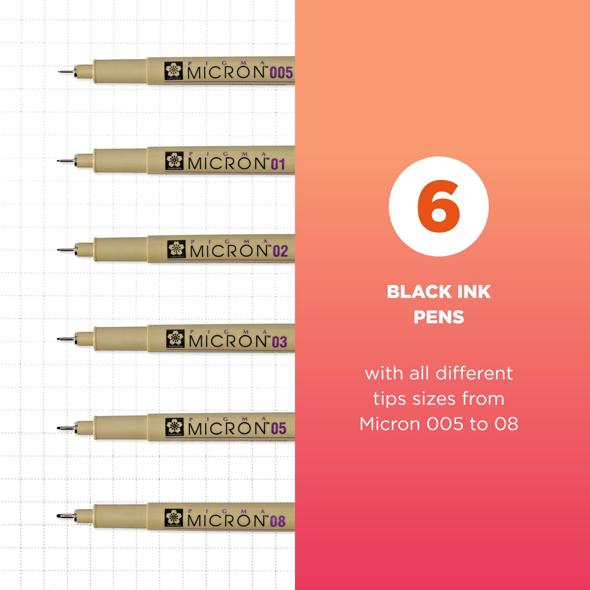 SAKURA Pigma Micron Fineliner Pens - Archival Black Ink Pens- 6 Pack