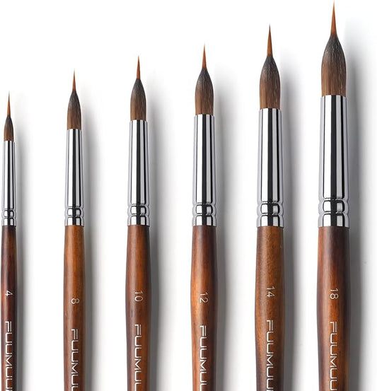 Watercolor Brushes Professional, Fuumuui 6Pcs Extended Needle Point Brushes Synthetic Extra Long Pinhead Brushes with Sable Body for Fine Detailing