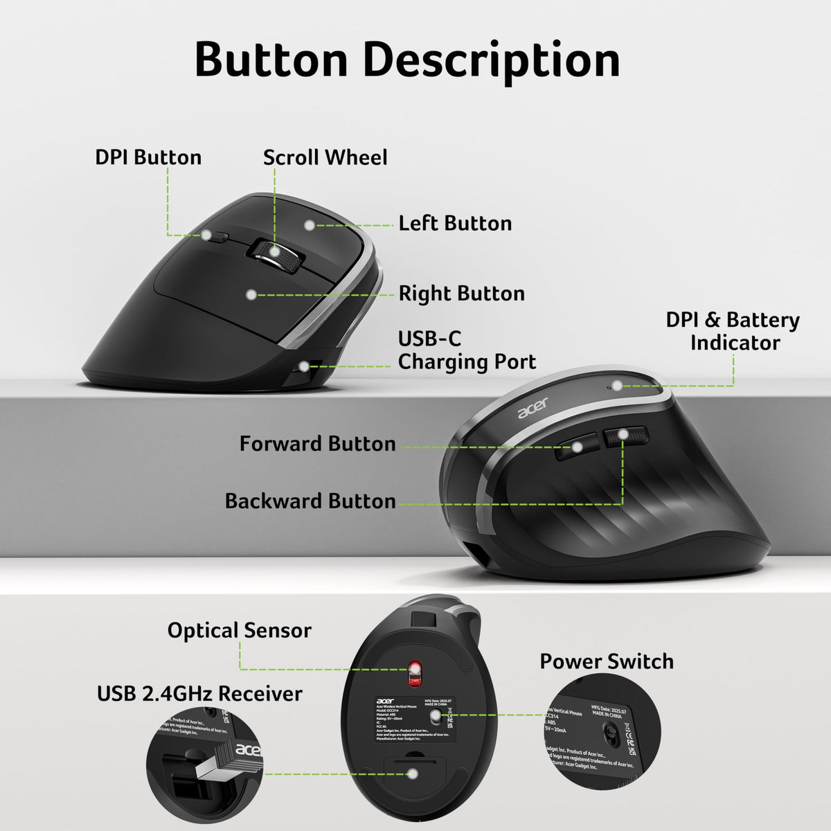 Acer Ergonomic Mouse Wireless, Vertical Computer Mouse for Laptop, PC