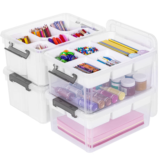 17 QT Plastic Storage Box with Removable Tray and 6 Detachable Tall Inserts, 4 Packs