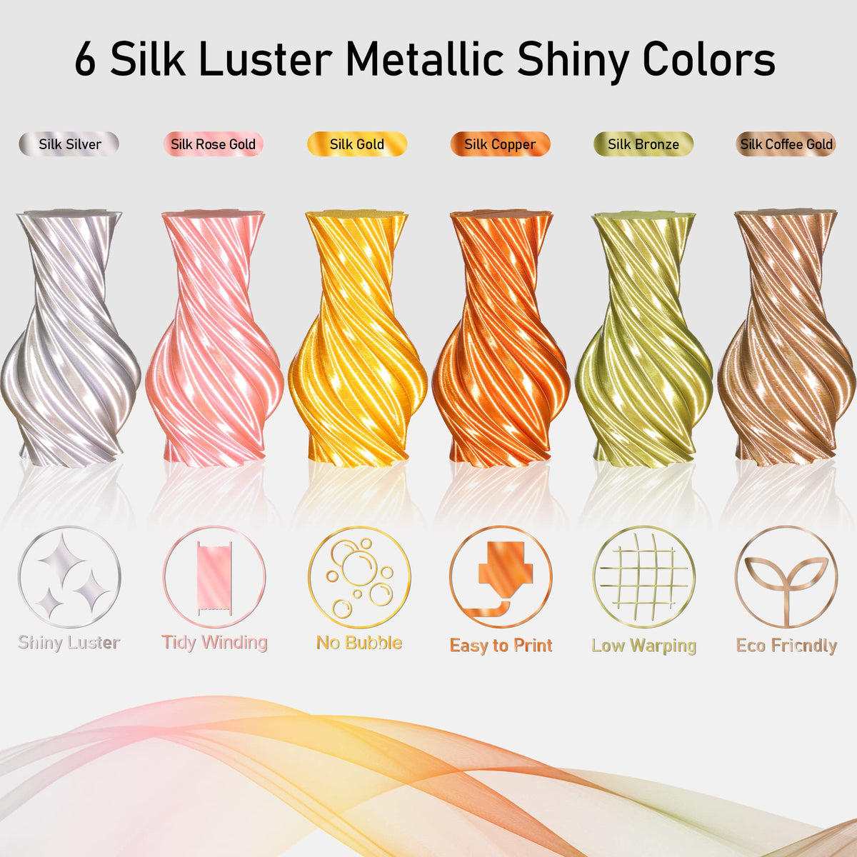6 Spools 1.75mm Silk PLA 3D Printer Filament Bundle, 6 Metallic Shiny Colors