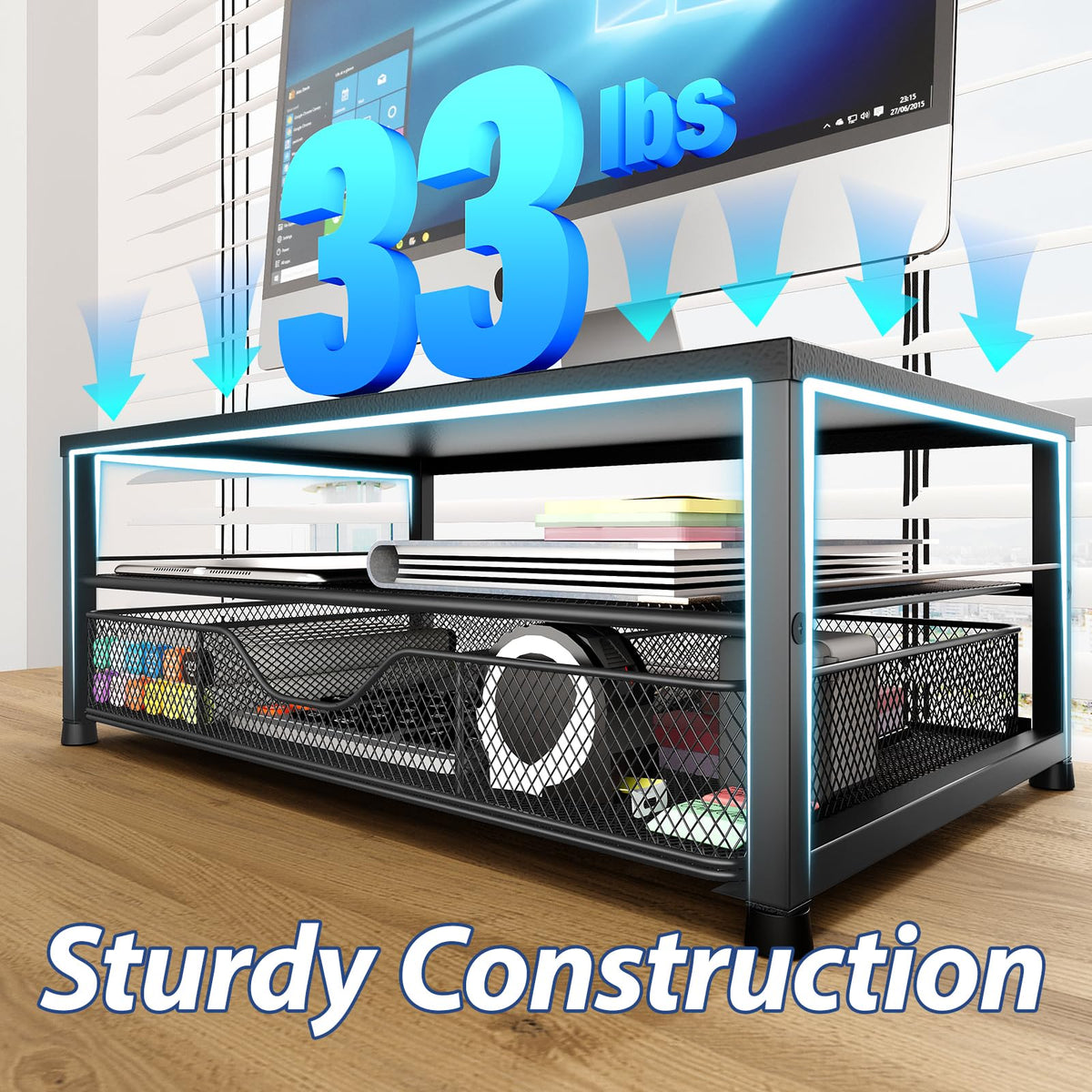 Desk Organizer and Accessories, 2-Tier Computer Monitor Stand Riser with Drawer and 2 Pen Holders, Laptop Stand, Office Desk Accessories for Office Supplies, Black