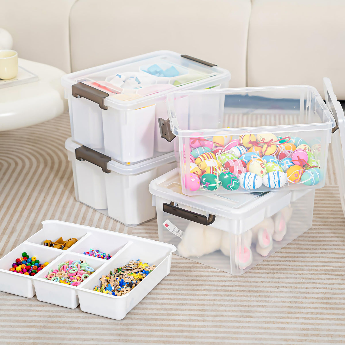 17 QT Plastic Storage Box with Removable Tray and 6 Detachable Tall Inserts, 4 Packs