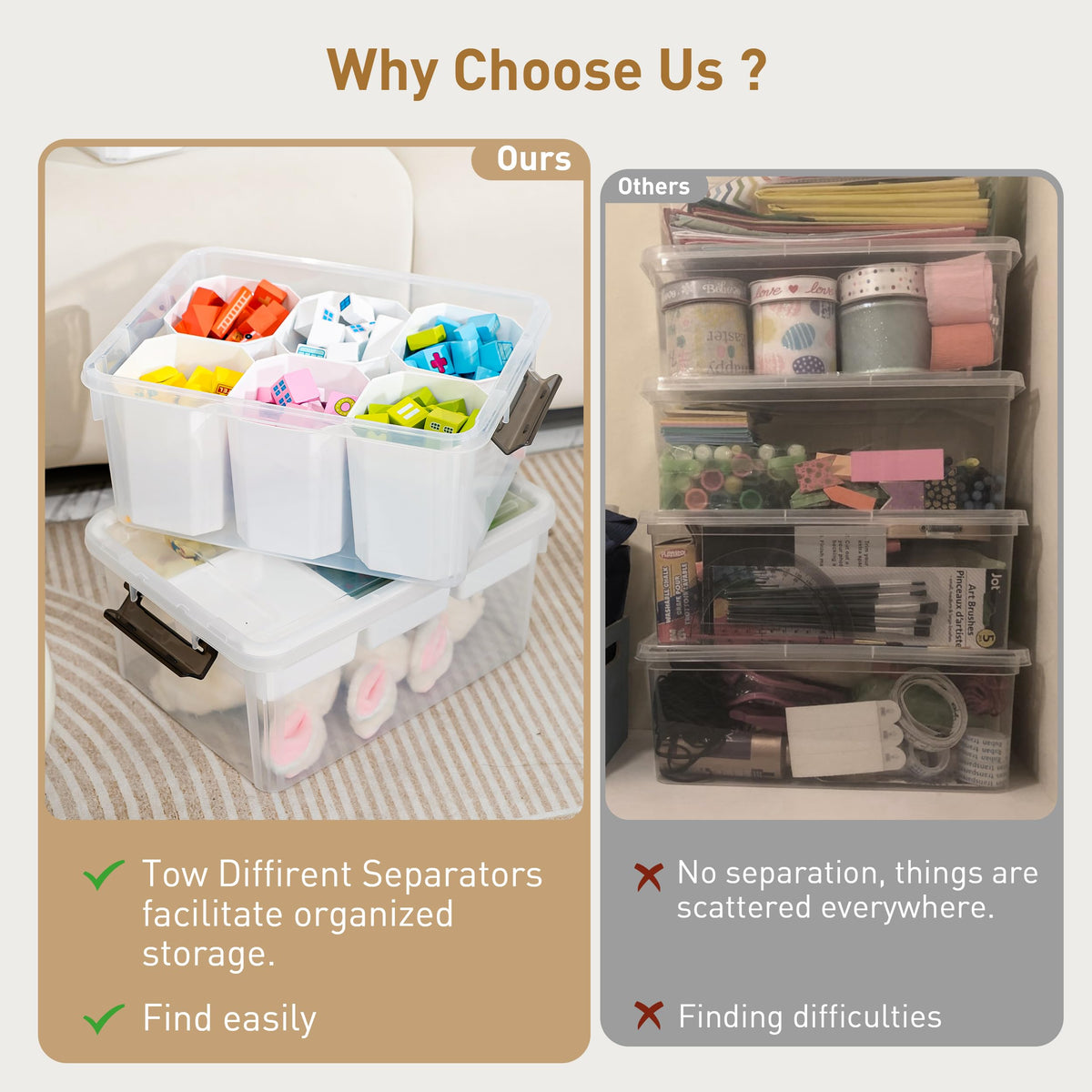 17 QT Plastic Storage Box with Removable Tray and 6 Detachable Tall Inserts, 4 Packs