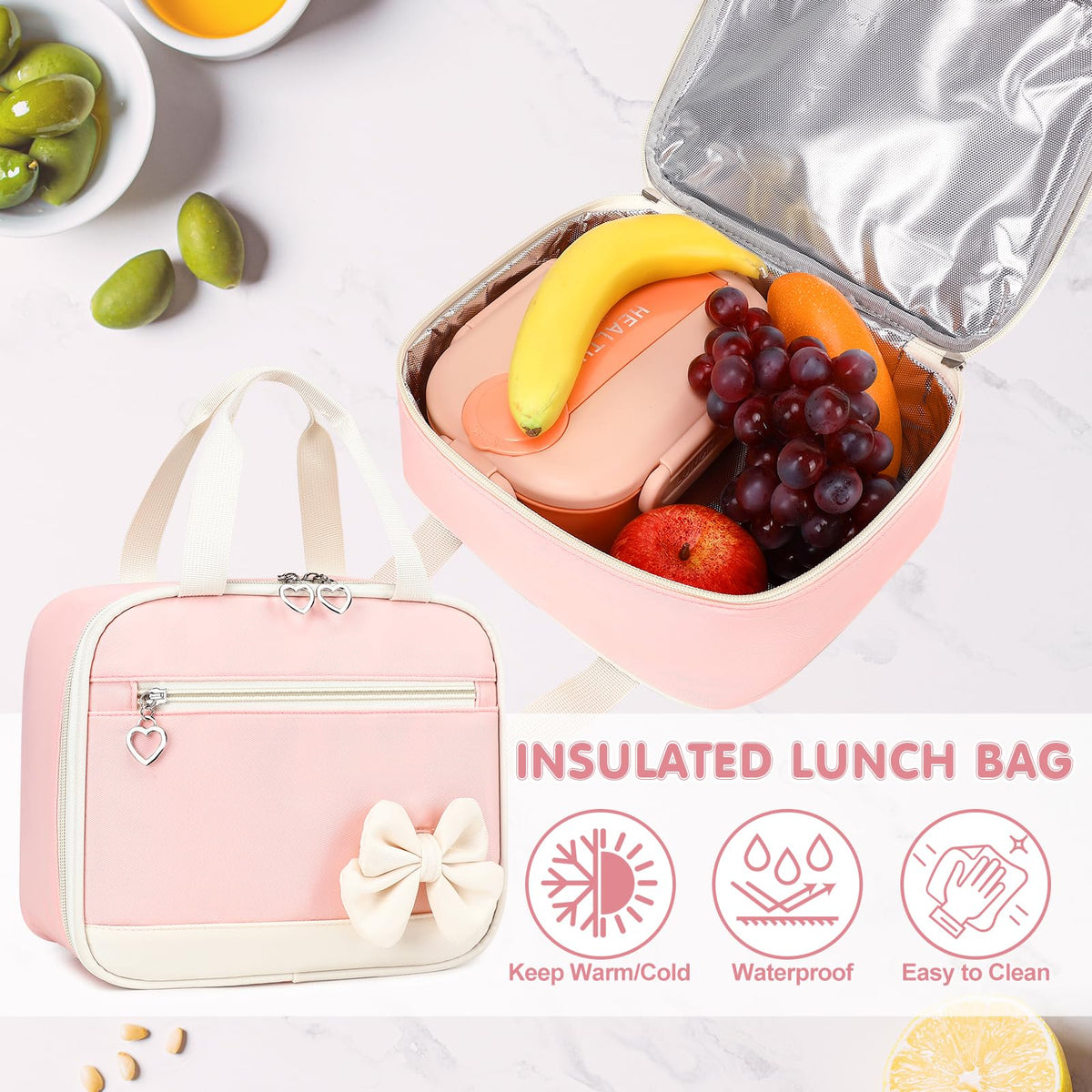 GeeWin Girls Backpack for School Cute Bow with Lunch Box & Pencil Case Set- Pink Beige