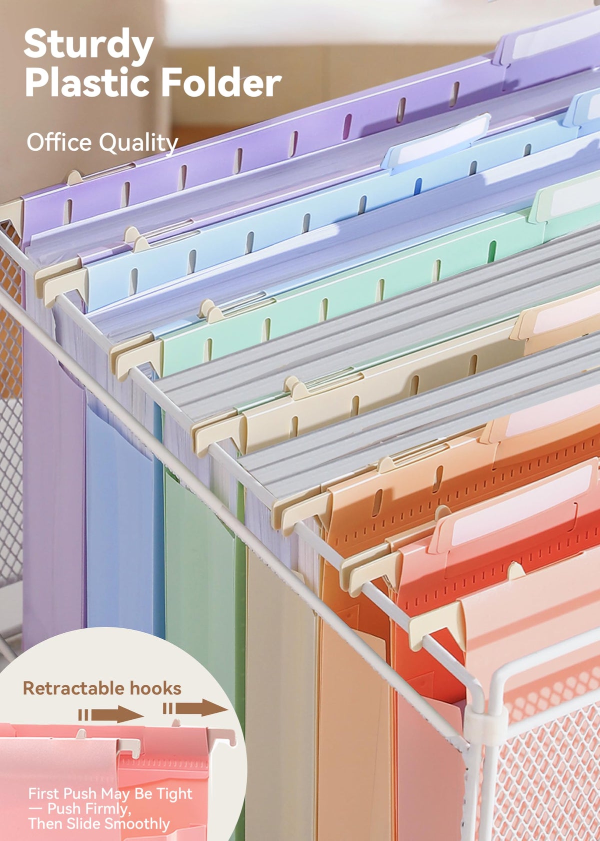 Plastic Extra Capacity Hanging File Folders, 2" Pastel Expanding Pocket, Heavy Duty for Filing Cabinet, Insertable 1/5-Cut Tabs, Letter Size - 12 Pack