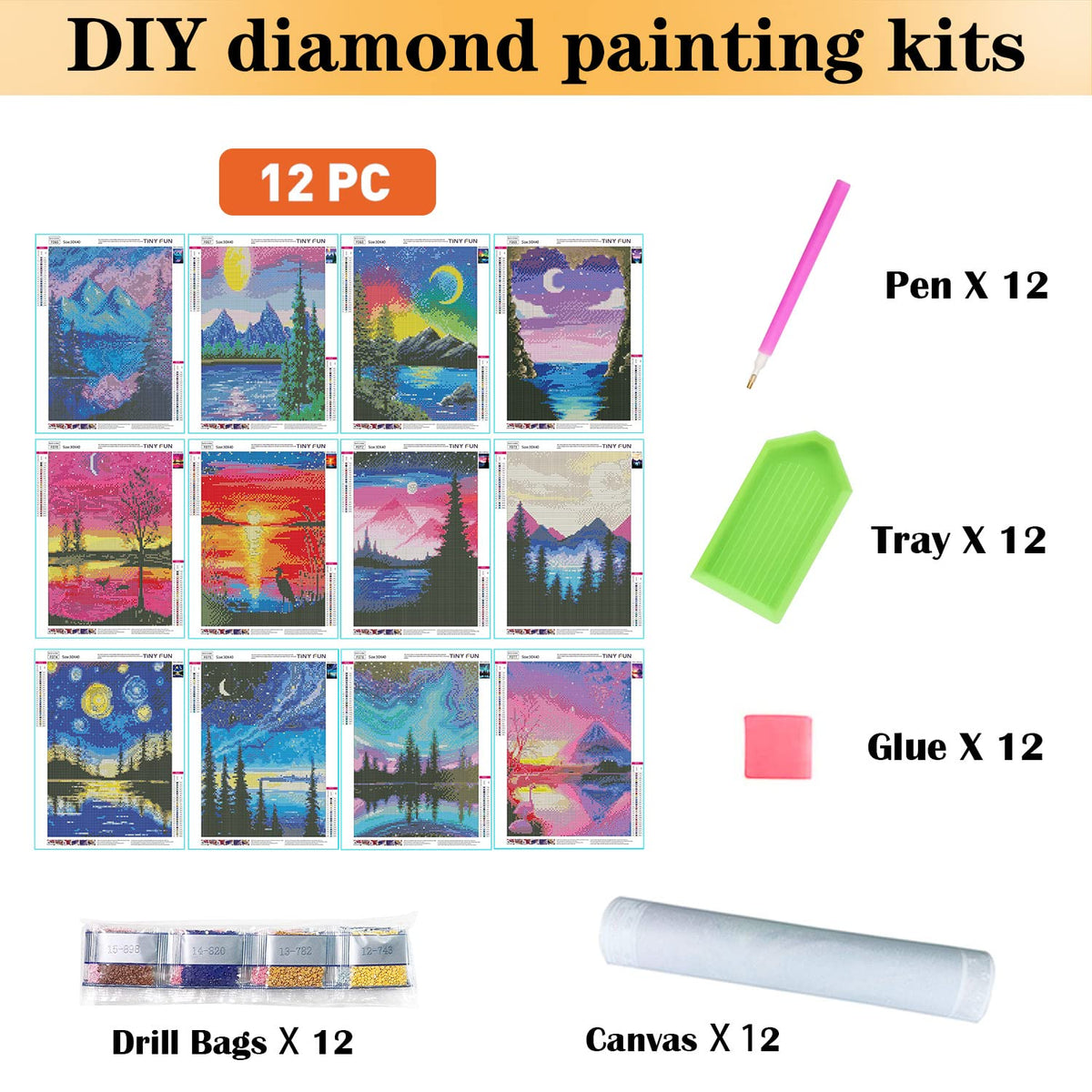 12 Pack Diamond Painting Kits, Paint by Number for Beginners, landscape