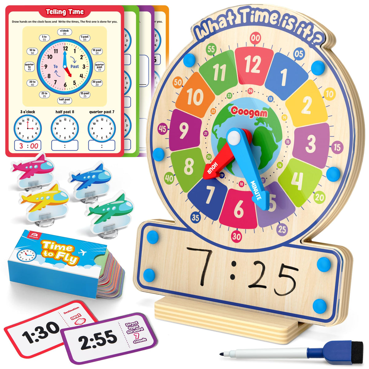 Coogam Wooden Clock Teaching Time, Analog Digital Clock