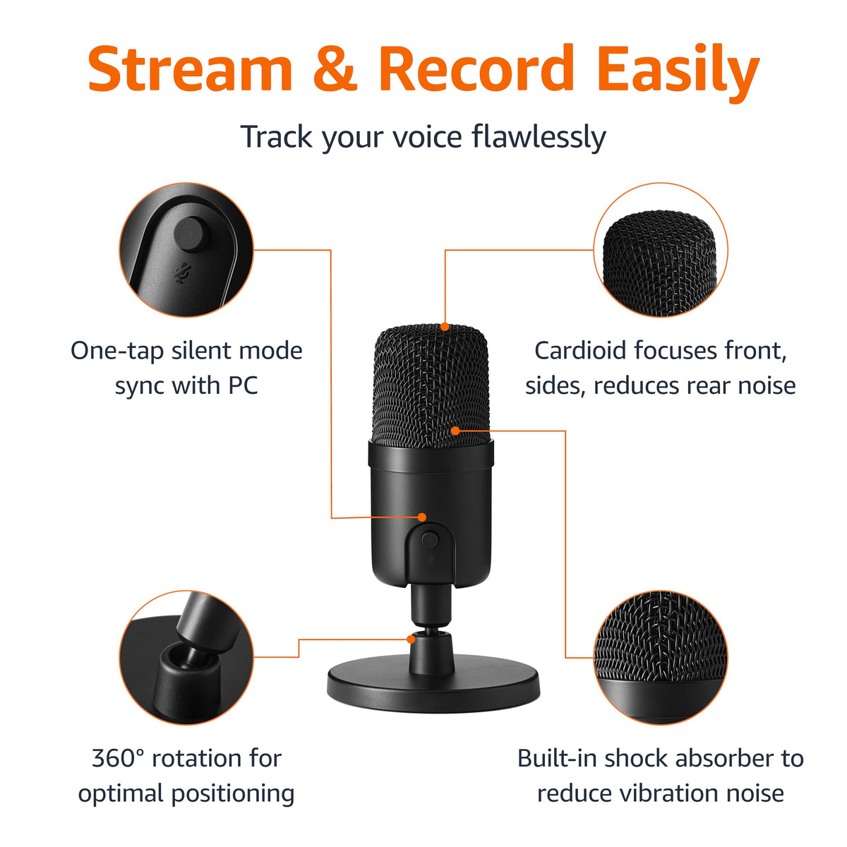 Microphone for PC, 360° Adjustable Stand, Plug and Play, 5.8" x 3.4", Black