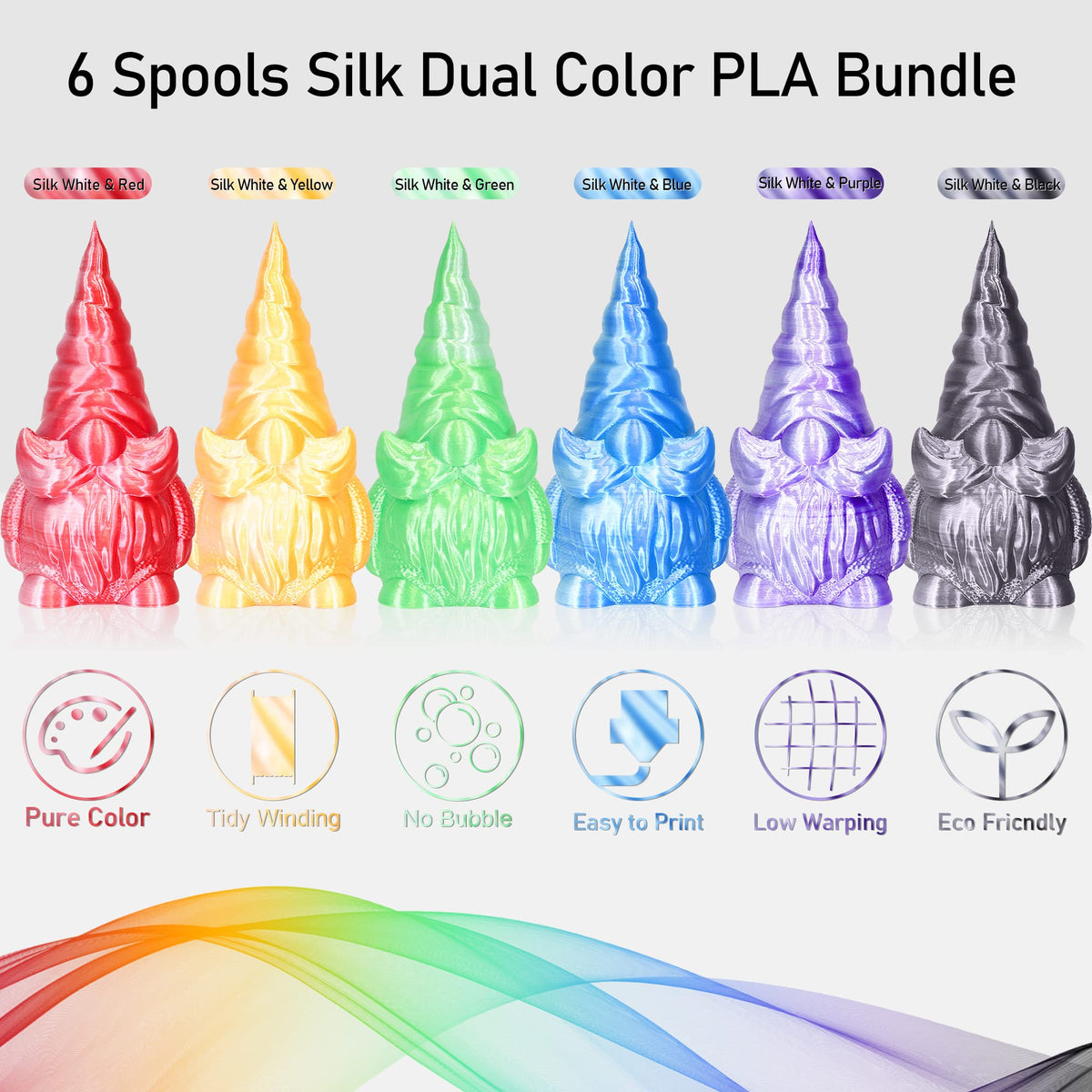 Dual Color 1.75mm 3D Printer Filament Bundle, Silk PLA 6 Spools Pack - White Red, Orange, Green, Blue, Purple, Black - 3D Printing PLA 250g X 6 Spools