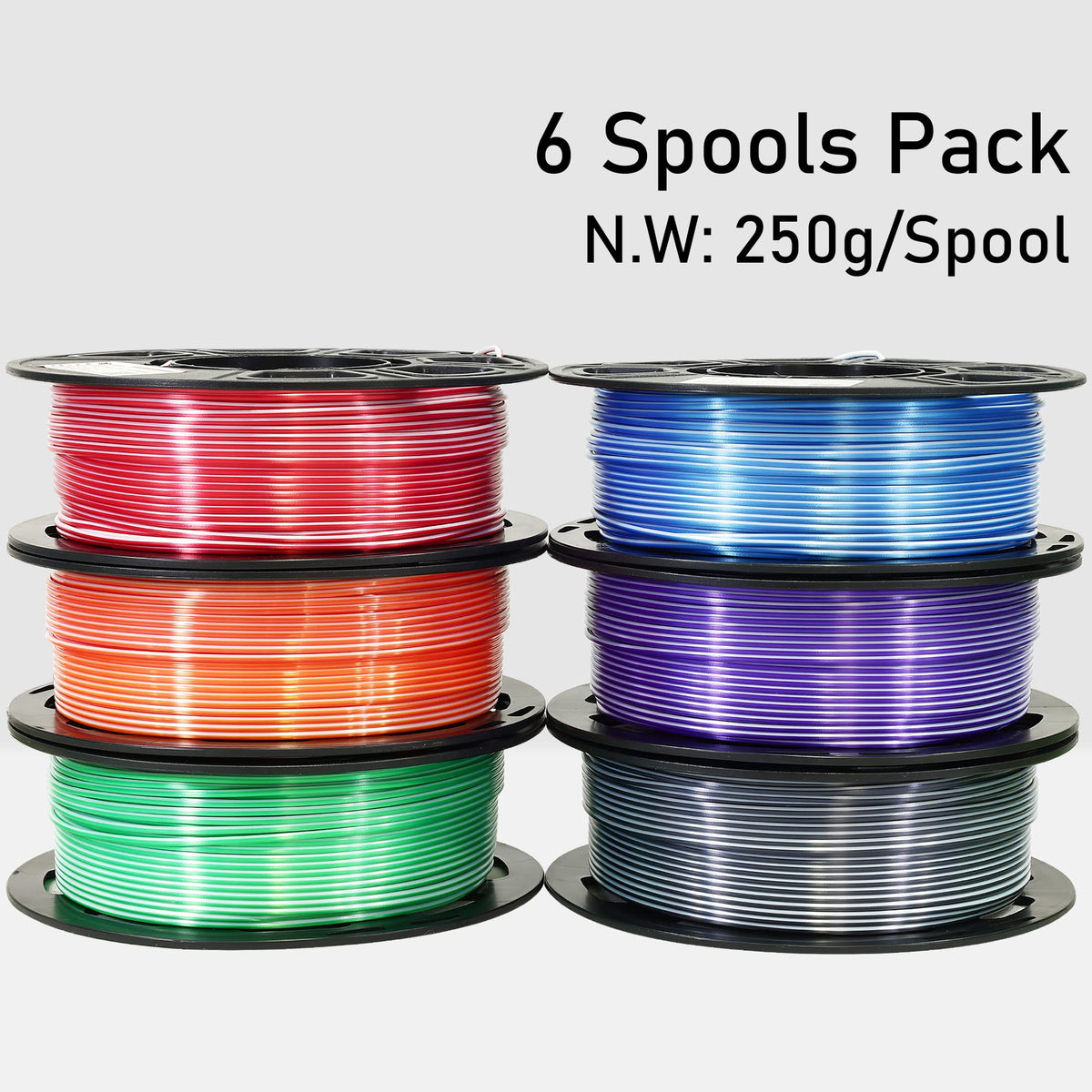 Dual Color 1.75mm 3D Printer Filament Bundle, Silk PLA 6 Spools Pack - White Red, Orange, Green, Blue, Purple, Black - 3D Printing PLA 250g X 6 Spools