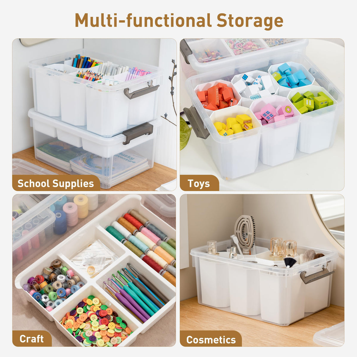 17 QT Plastic Storage Box with Removable Tray and 6 Detachable Tall Inserts, 4 Packs