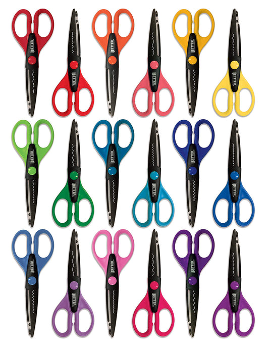 Better Office Products 18 Piece Decorative Edge Craft Scissors, 18 Colors and Edge Designs, 6 Inch Length, 2.5 Inch Blades, Assorted 18 Count Edger Scissors