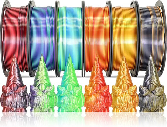 6 Spools Bicolor Dual Color 1.75mm 3D Printer Filament Bundle, Silk Black-Red/Purple-Green/Blue-Green/Red-Gold/Gold-Copper/Black-Orange