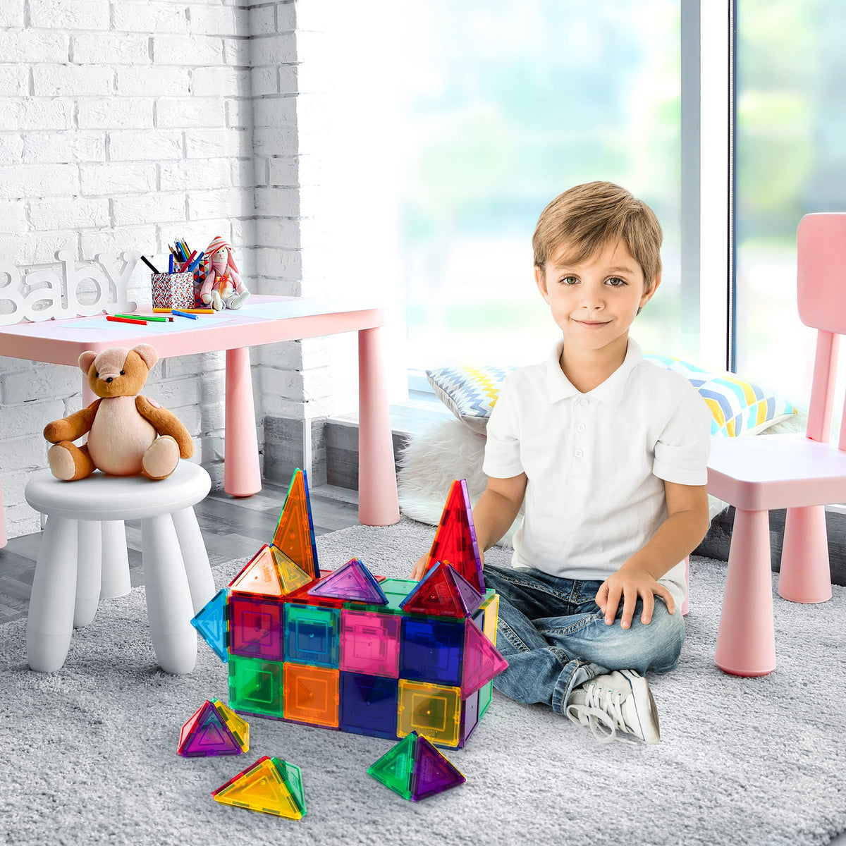 PicassoTiles 60PC Magnetic Tiles + Carry Case Bundle: STEAM Educational
